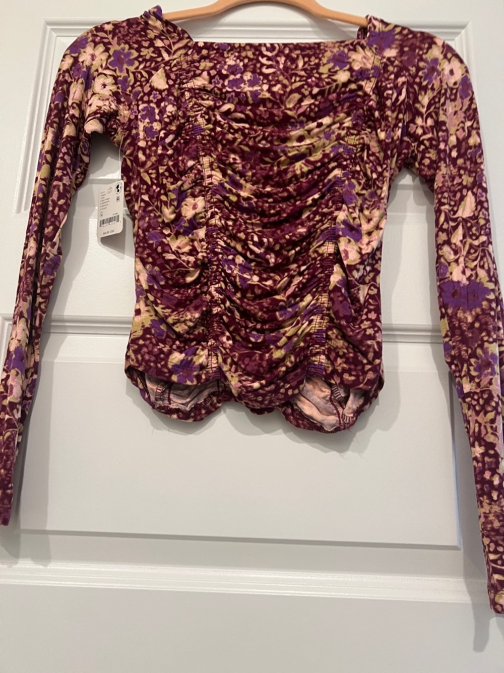 Free People Ruched Long Sleeve Floral Scoop Top in Plum - Picture 14 of 16
